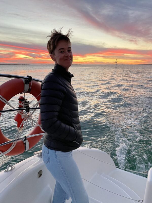 Sarah on a boat